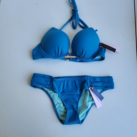 NWT Victoria’s Secret Bombshell Add 2 Cups Push up Swim Set Turquoise 32AA / XS - Picture 1 of 9
